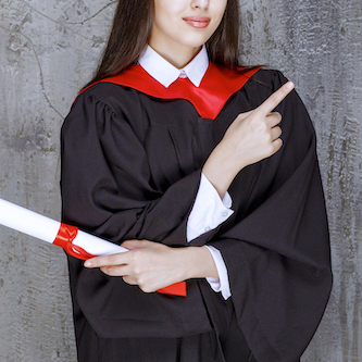 photo female student wearing gown pointing somewhere high quality photo