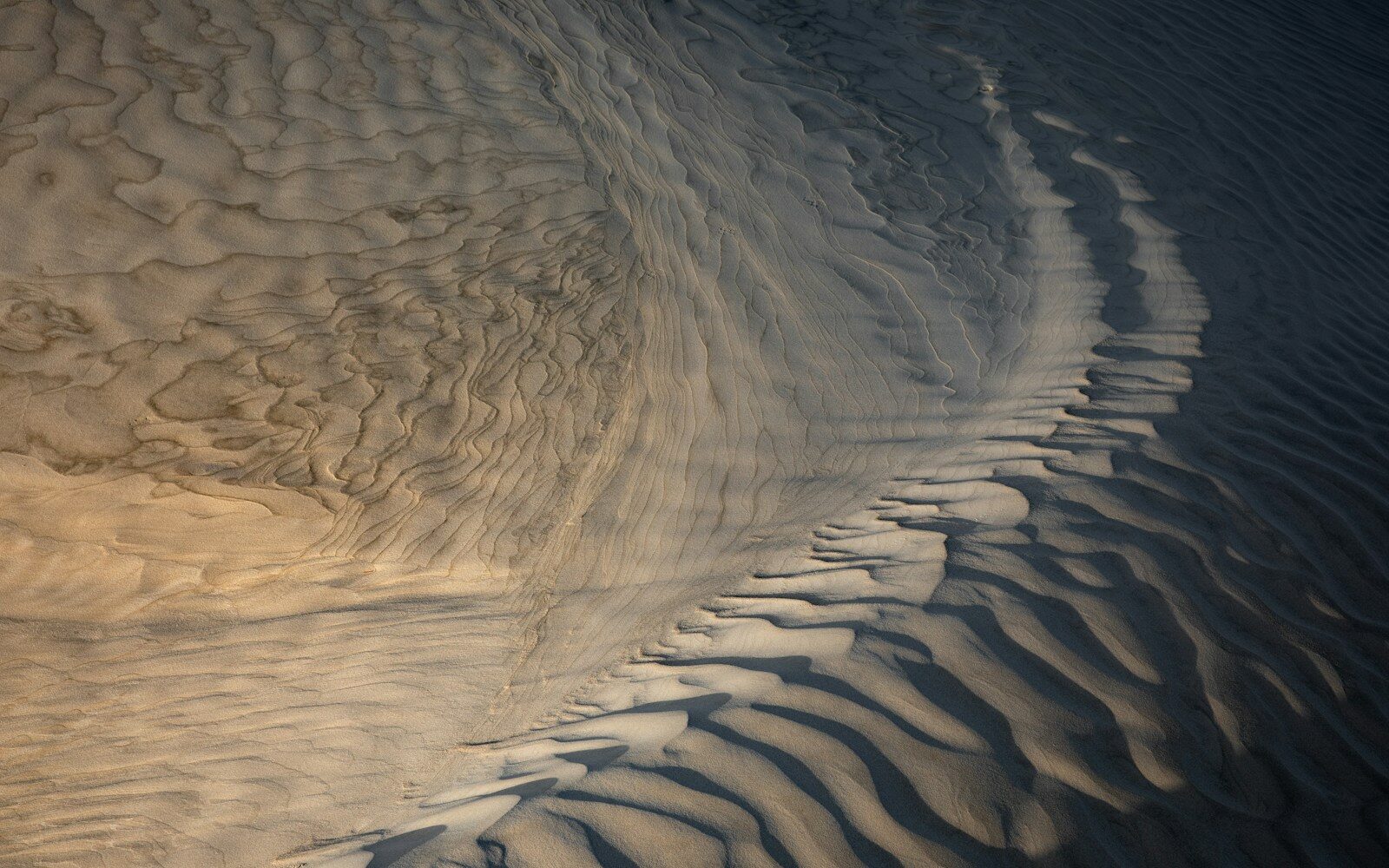 Abstract view of sand dunes with intricate ripples and shadows.